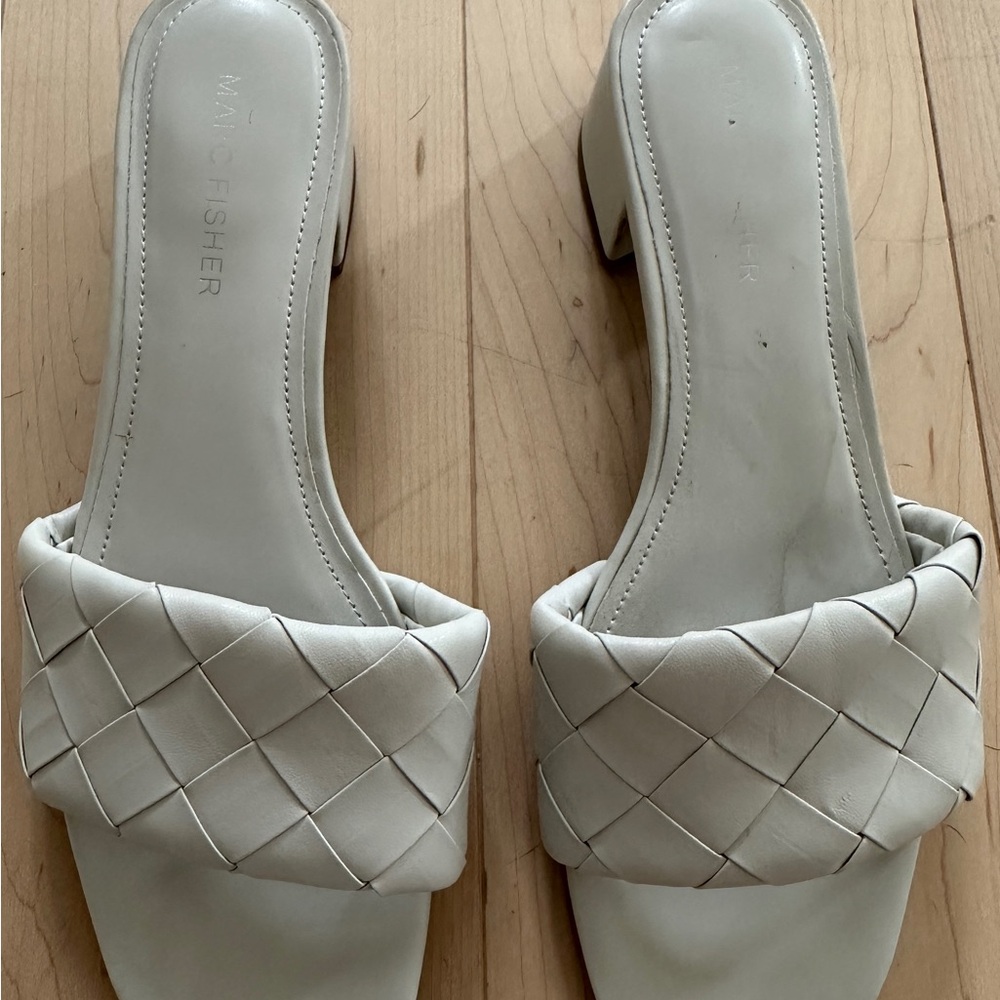 Marc Fisher White Leather Mules with Basket-Weave Design